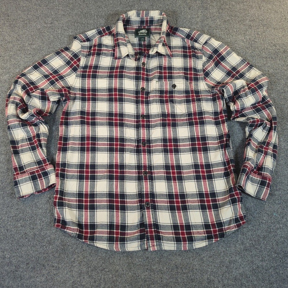 Roots Mens Plaid Flannel Shirt Long Sleeve Cotton Button Down Red Blue L 2572